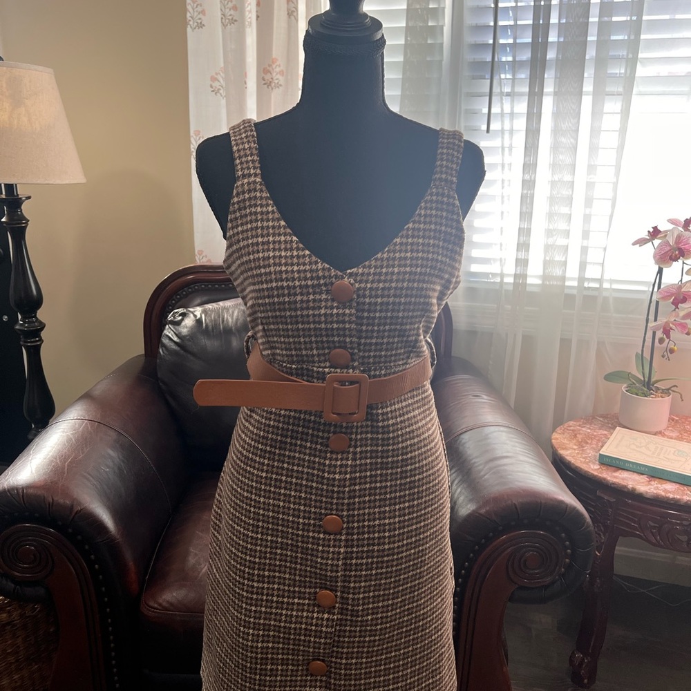 Elegant Brown Houndstooth Dress